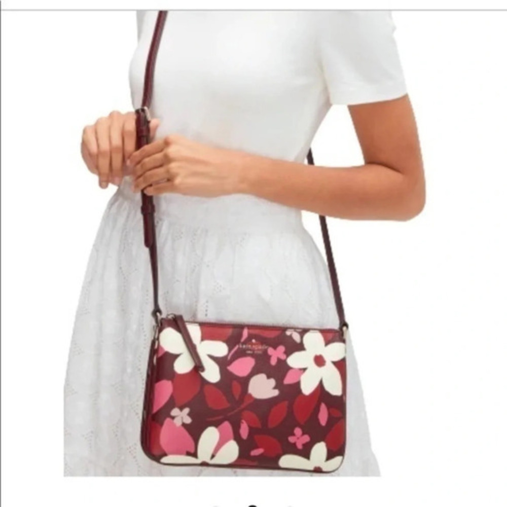 Kate Spade Forest Floral Print Leather Crossbody Bag Triple Compartment NWT